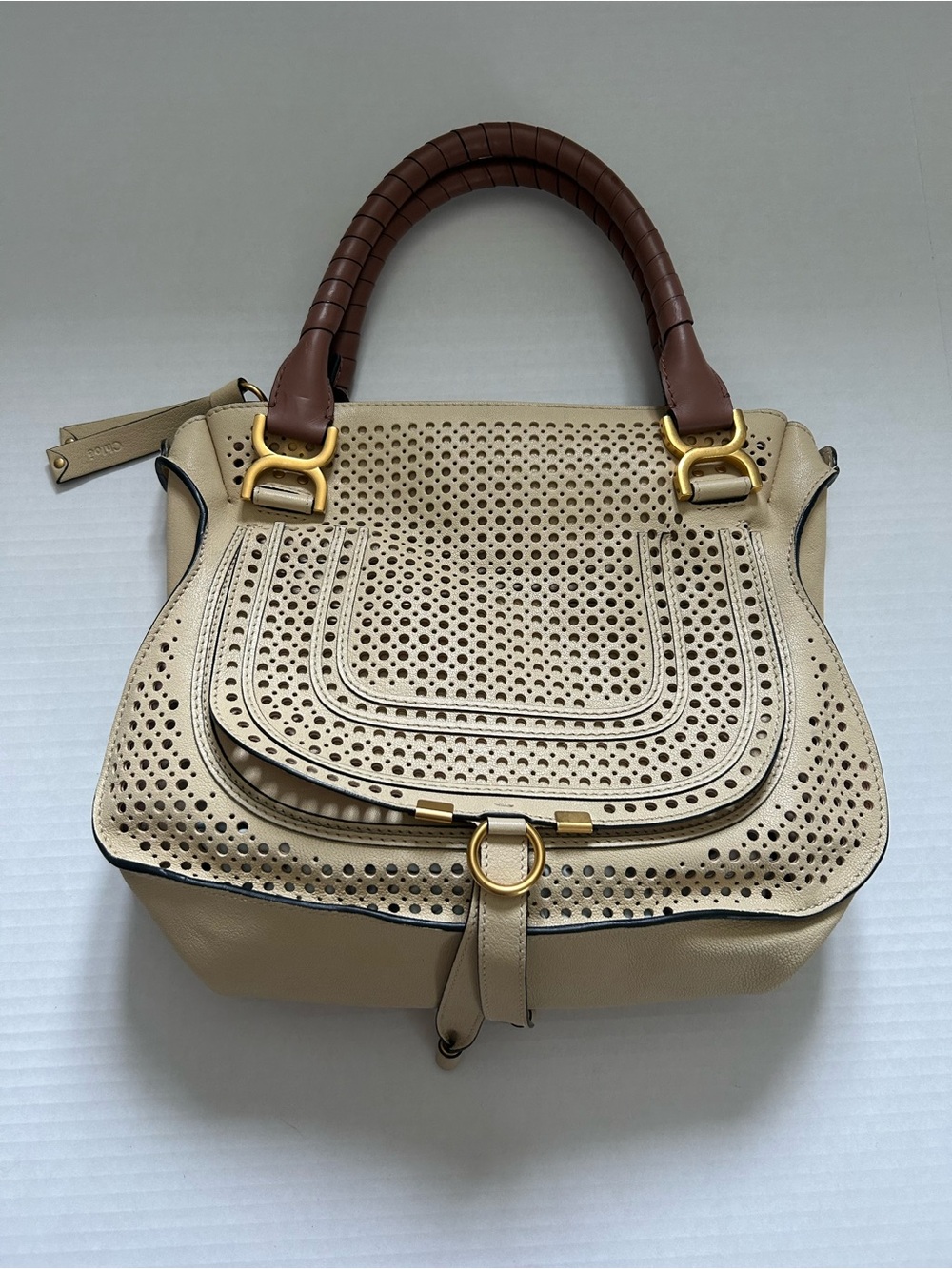 Chloe Marcie Perforated Leather Satchel Shoulder Bag in Beige with Brown Handle